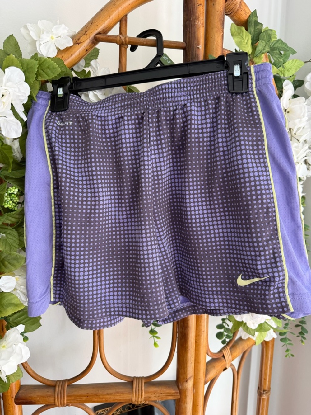 Nike Purple Dot-Print Athletic Shorts with Lime Swoosh
